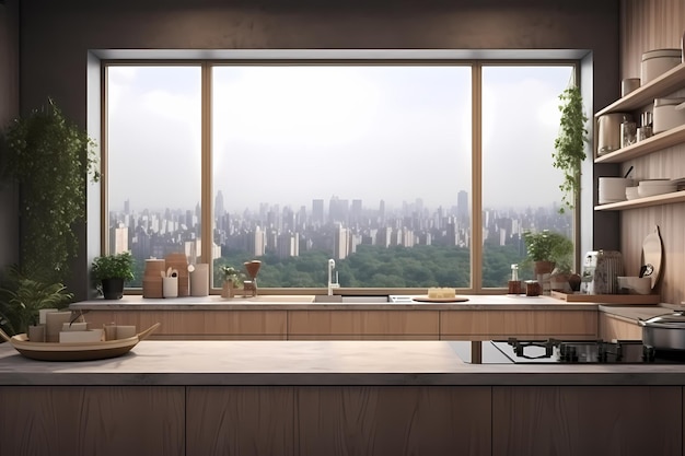 Stilvolle Inspiration für die Inneneinrichtung der Küche mit grünen Pflanzen und Fenster. Heimdekoration aus Holz