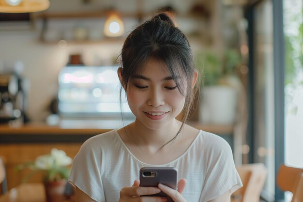 Stilvolle junge asiatische Frau in Freizeitkleidung macht Online-Shopping mit Mobilgerät