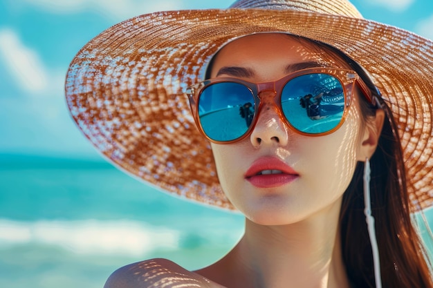Stilvolle junge Frau mit Sonnenbrille und Sonnenmütze genießt den Sommer am Strand mit klarem blauen Himmel