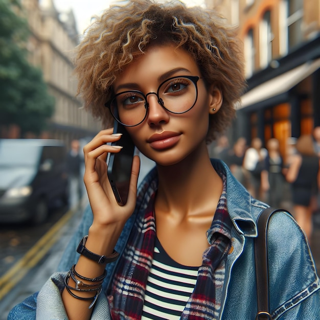 Stilvolle junge Frau telefoniert während der Goldenen Stunde auf einer belebten Stadtstraße