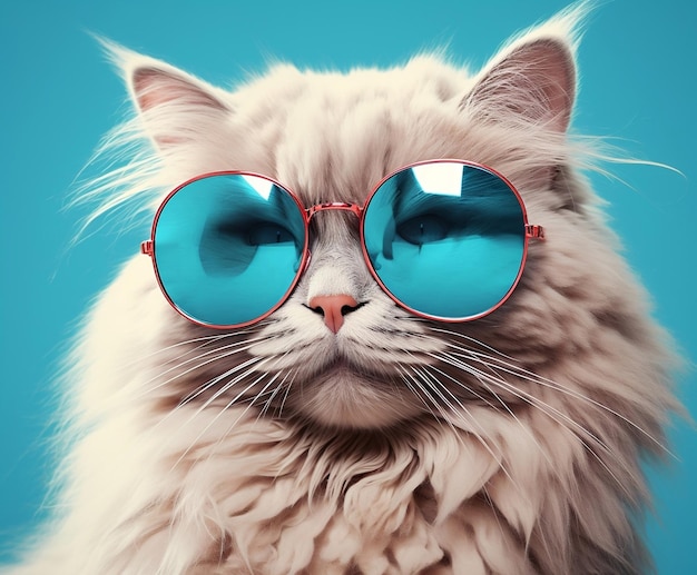 Stilvolle Katze mit Sonnenbrille auf blauem Hintergrund. Generative KI