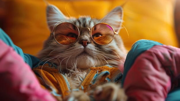 Stilvolle Katze mit Sonnenbrille auf der Couch