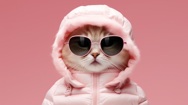Stilvolle Katze mit Sonnenbrille und rosa Mantel
