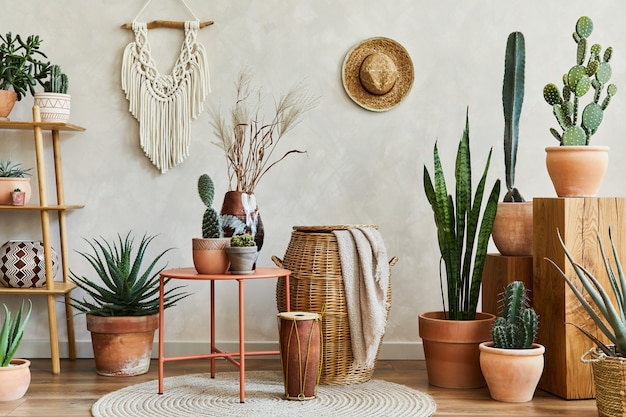 Stilvolle Komposition aus gemütlichem Wohnzimmer mit Kopienraum, vielen Kakteen und Pflanzen, Holzwürfeln und Rattanzubehör. Beige Wand, Teppich auf dem Boden. Pflanzen lieben Konzept. Schablone.