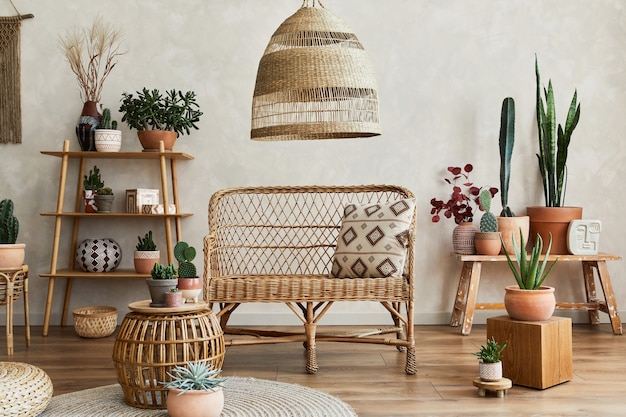 Stilvolle Komposition aus gemütlichem Wohnzimmer mit Kopienraum, vielen Pflanzen, Holzregalen, Rattansofa und Boho-Accessoires. Beige Wand, Teppich auf dem Boden. Pflanzen lieben Konzept. Vorlage.