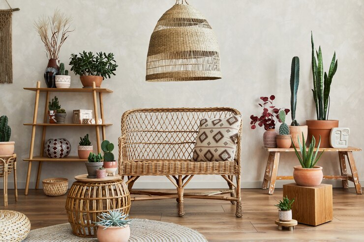Foto stilvolle komposition aus gemütlichem wohnzimmer mit kopienraum, vielen pflanzen, holzregalen, rattansofa und boho-accessoires. beige wand, teppich auf dem boden. pflanzen lieben konzept. vorlage.