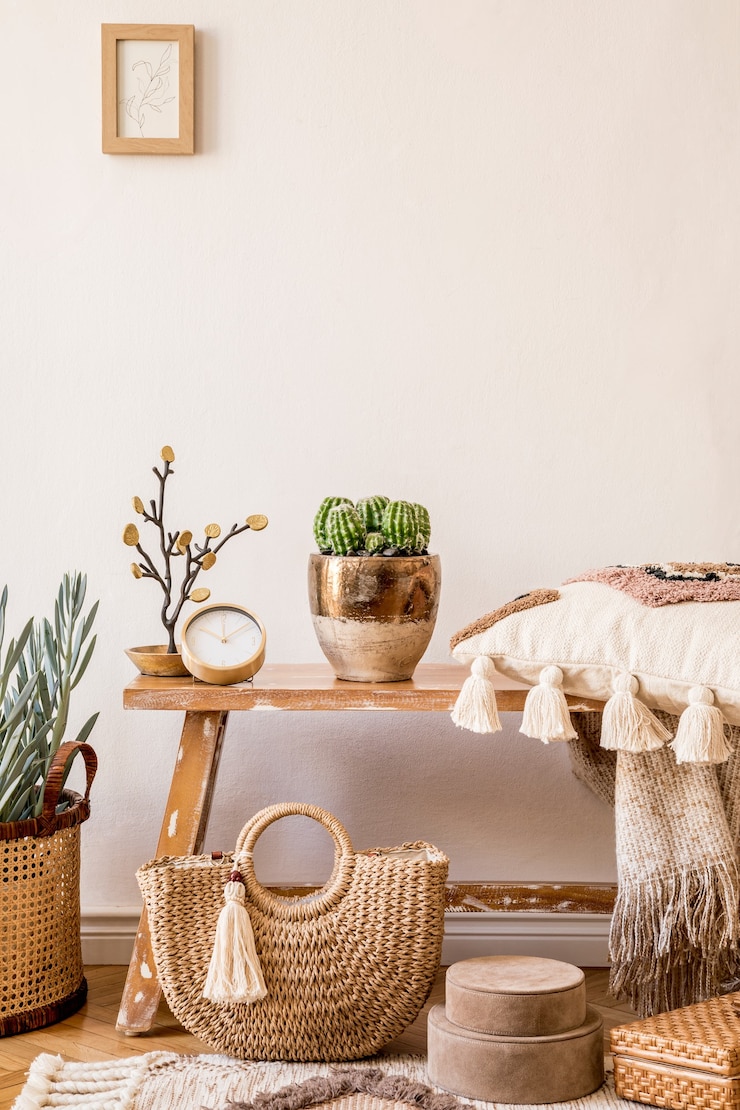 Foto stilvolle komposition des wohnzimmerinterieurs mit mock-up-rahmen, holzbank, kissen, plaid, rattankorb, pflanzen, dekor, kopienraum und eleganten persönlichen accessoires in moderner wohnkultur.