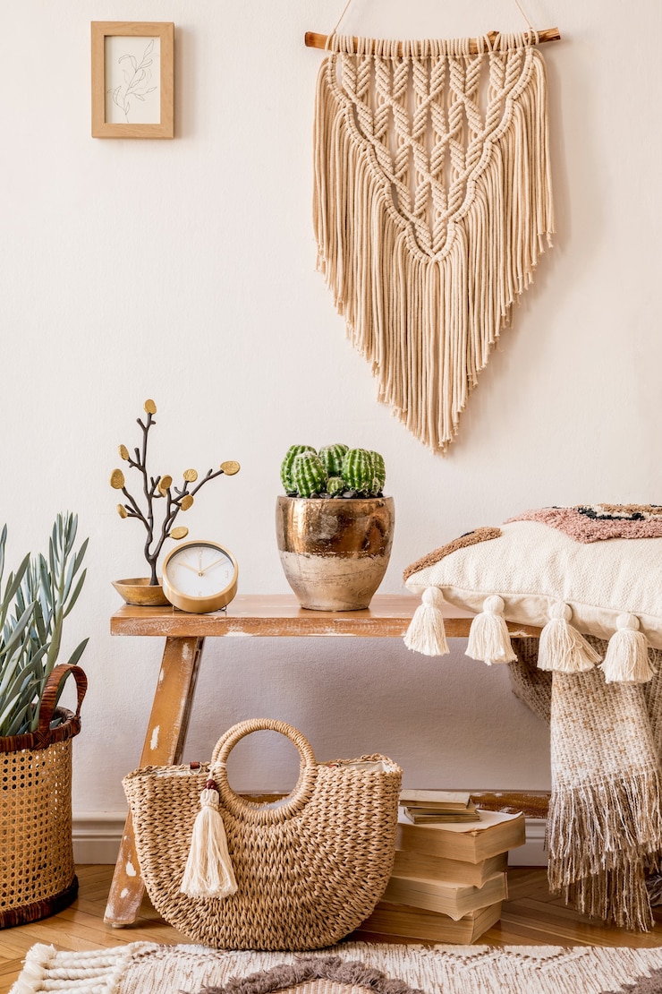 Foto stilvolle komposition des wohnzimmerinterieurs mit rahmen, holzbank, kissen, plaid, frauentasche, büchern, kakteen, makramee, pflanze, dekor und eleganten persönlichen accessoires in moderner wohnkultur.