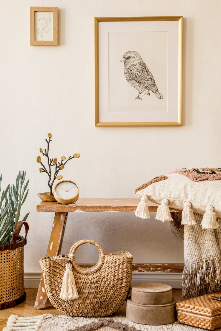 Foto stilvolle komposition des wohnzimmerinterieurs mit rahmen, holzbank, kissen, plaid, frauentasche, büchern, kakteen, makramee, pflanze, dekor und eleganten persönlichen accessoires in moderner wohnkultur.