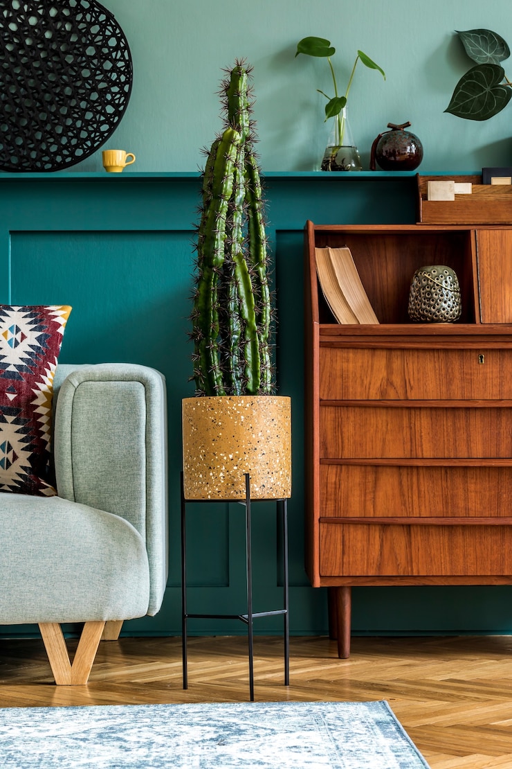 Foto stilvolle komposition des wohnzimmers mit retro-holzschrank, minzsofa, kissen, plaid, kakteen, pflanzen, dekoration im regal und eleganten persönlichen accessoires. vintage wohnkultur.
