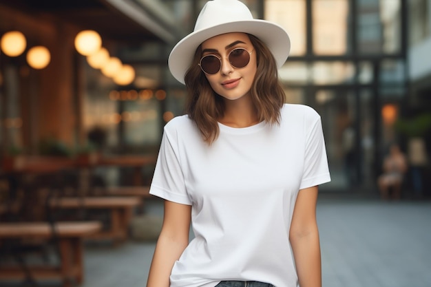 Stilvolle, moderne Frau, die ein weißes T-Shirt-Modell trägt