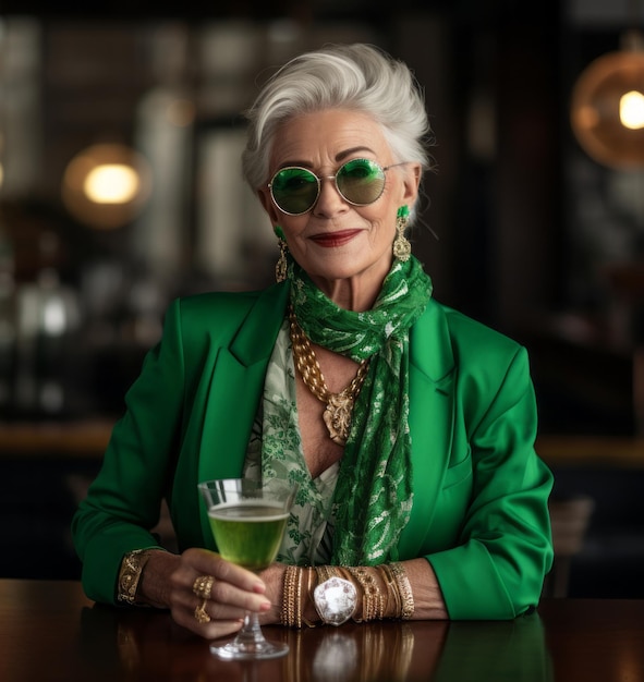 Stilvolle reife Frau trägt grünes Kleid im Pub