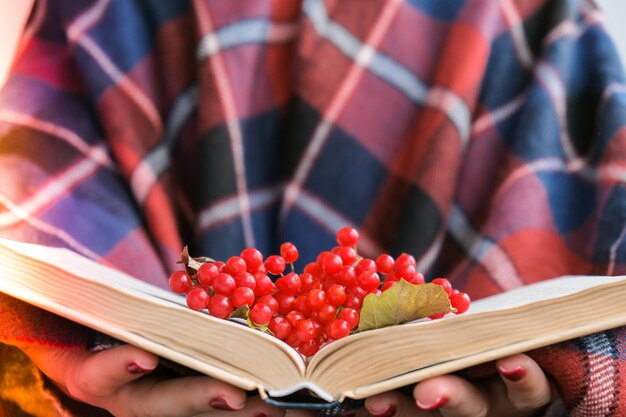 Stilvolle rote weibliche Nägel Hände mit roten Johannisbeeren und Lesebuch Moderne schöne Maniküre Herbst-Winter-Nageldesign-Konzept der Schönheitsbehandlung Gelnägel Hautpflege