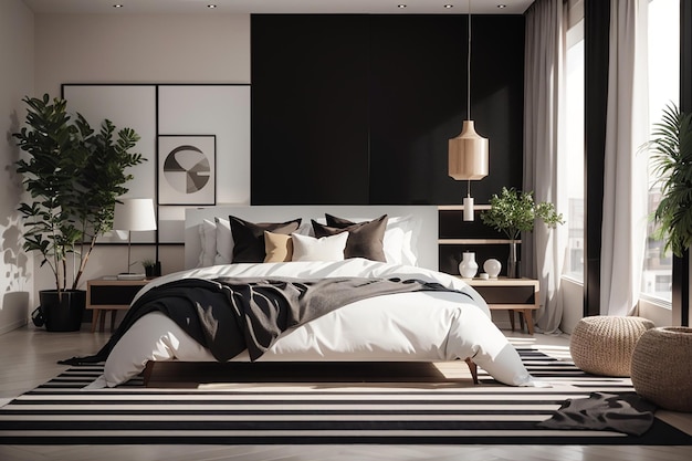 Stilvolle Schlafzimmereinrichtung mit schwarzen und weißen Kissen auf dem Bett