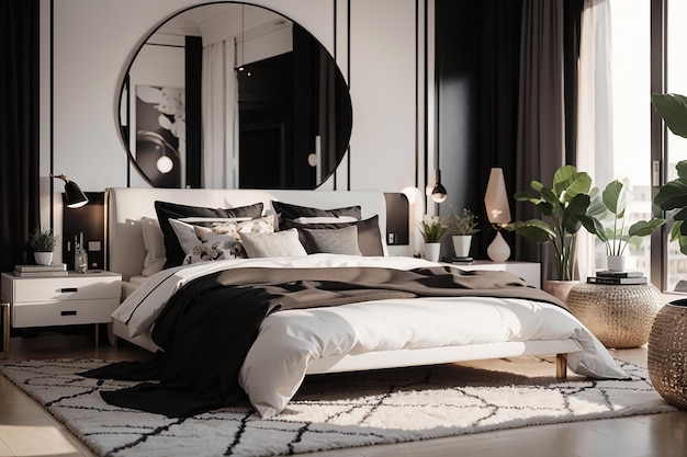 Stilvolle Schlafzimmereinrichtung mit schwarzen und weißen Kissen auf dem Bett