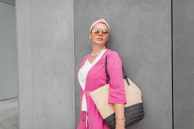 Stilvolle, schöne Mode junge Frau Modell plus Größe mit trendiger Sonnenbrille mit sommerlicher Modekleidung mit rosafarbenem Pareo mit großem Strohsack steht in der Nähe einer grauen Betonwand auf der Straße