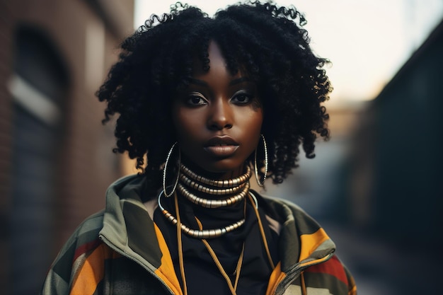 Stilvolle schwarze Frau mit kräftigem Afro und Ohrringen