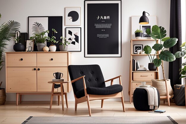 Stilvolle skandinavische Komposition aus Wohnzimmer mit Designschrank, schwarzen Posterrahmen, Sessel, Holzhocker, Buchdekoration, Pflanzen und persönlichen Accessoires