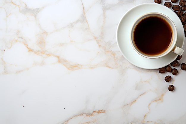 Stilvolle Tasse zum Internationalen Kaffeetag mit Untertasse auf einem Marmortischhintergrund für Designer-Draufsicht