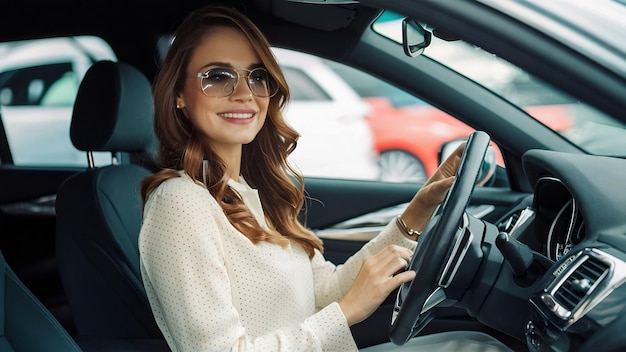 Stilvolle und elegante Frau in einem Auto-Salon