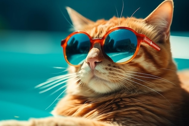 Stilvolle und lustige Ingwerkatze mit Sonnenbrille in Nahaufnahme