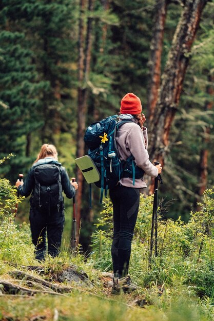 Foto stilvolle wanderin mit rotem hut und blick auf den wald