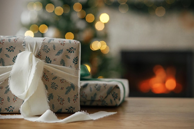 Stilvolle Weihnachtsgeschenke in Nahaufnahme vor Baumlicht-Bokeh und brennendem Kamin Frohe Weihnachten Schönes, modernes verpacktes Geschenk mit Schleife auf Holztisch Weihnachtshintergrund als Kopierraum