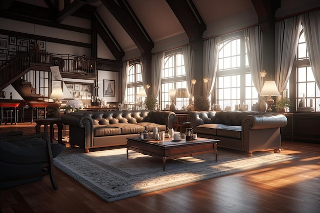 Stilvolle Wohnzimmereinrichtung mit 3D-Rendering. Gemütliches Ambiente, moderne Einrichtung und komfortable Möbel. Perfekter Raum für Entspannung und Unterhaltung