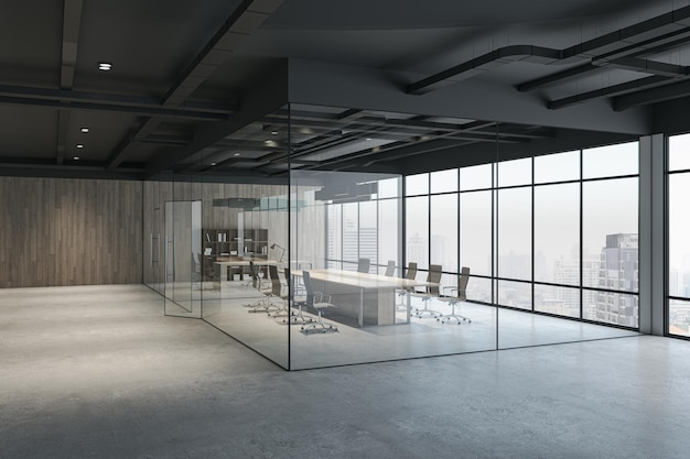 Stilvoller, geräumiger Konferenzraum mit hellem Holzbesprechungstisch, umgeben von Stühlen auf Panoramafensterhintergrund hinter Glaswänden in dunkler Büroinnenarchitektur mit Betonboden 3D-Rendering
