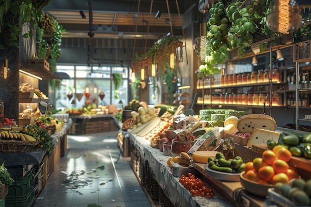 Stilvoller Gourmet-Lebensmittelmarkt mit Verkäufern, die ein