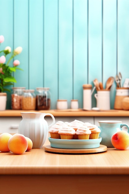 Stilvoller Hintergrund des Cupcake-Backaufbaus mit Utensilien und Zutaten in trendigen Pastellfarben