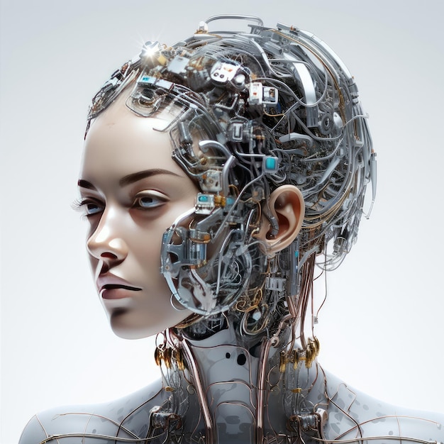 Stilvoller, hübscher Cyborg-Kopf im Profil. Futuristischer Mann, künstliche Intelligenz, generative KI-Technologie
