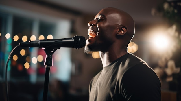 Stilvoller junger Mann singt auf einer Hausparty in ein Mikrofon