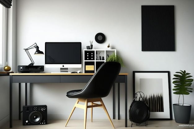 Stilvoller, komfortabler Arbeitsplatz in einem modernen Raum mit Laptop, Bürobedarf und Geräten