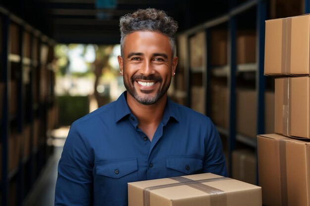 Stilvoller Mann mit blauem T-Shirt und perfekter Karton-KI