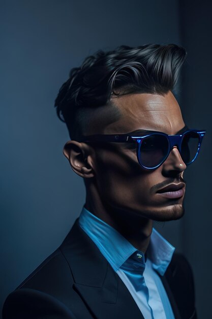 Stilvoller Mann mit Sonnenbrille und Kleidung mit blauen Details. Generative KI