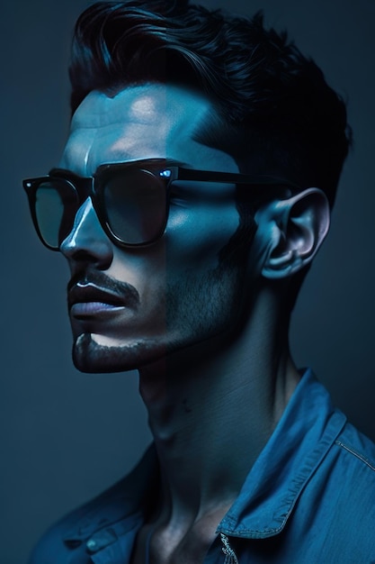 Stilvoller Mann mit Sonnenbrille und Kleidung mit blauen Details. Generative KI