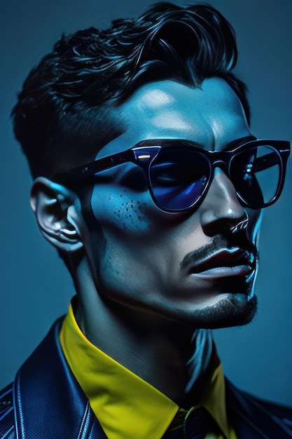 Stilvoller Mann mit Sonnenbrille und Kleidung mit blauen Details. Generative KI