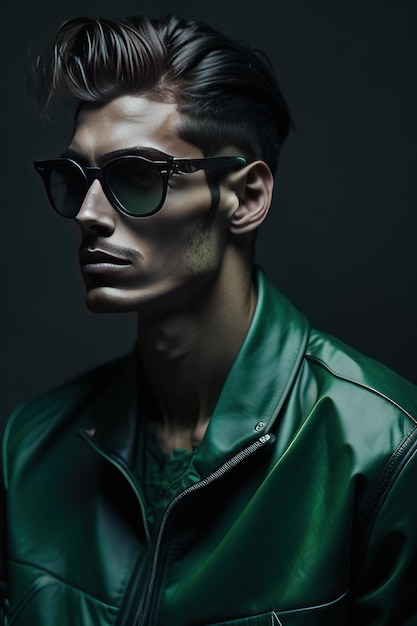 Stilvoller Mann mit Sonnenbrille und Kleidung mit grünen Details. Generative KI
