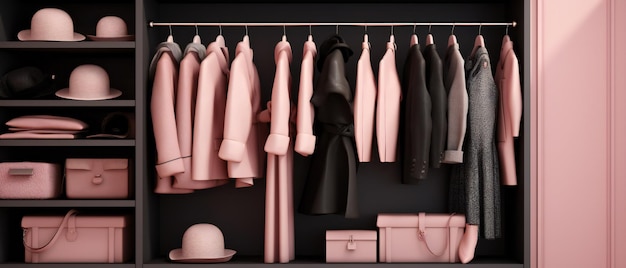 Stilvoller, moderner Kleiderschrank mit rosa und schwarzer Kleidung und Accessoires