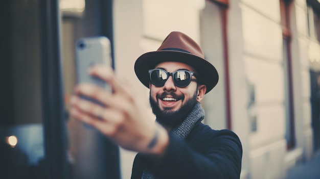 Stilvoller Selfie-Arafed-Mann mit Hut und Sonnenbrille, aufgenommen von generativer KI