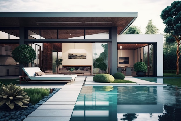 Stilvoller Wohnraum im Freien mit Pool in einem modernen Haus
