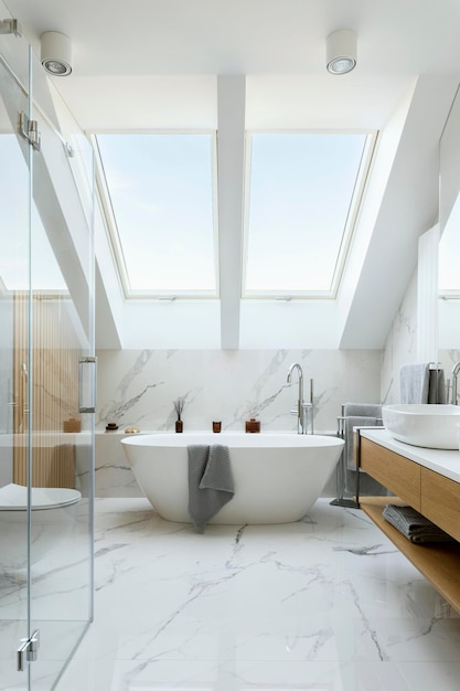 Stilvolles Badezimmer-Innendesign mit Marmorplatten. Badewanne, Handtücher und andere persönliche Badezimmeraccessoires. Modernes Glamour-Innenkonzept. Dachfenster. Schablone.