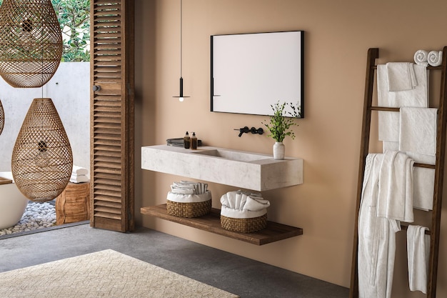 Stilvolles Badezimmer mit beigen Wänden, Betonboden, Badewanne, Waschtisch, Handtücher, Accessoires, Pflanzen und einem atemberaubenden Blick auf den Hinterhof. Modernes, minimalistisches Design mit natürlicher Wärme 3D-Rendering