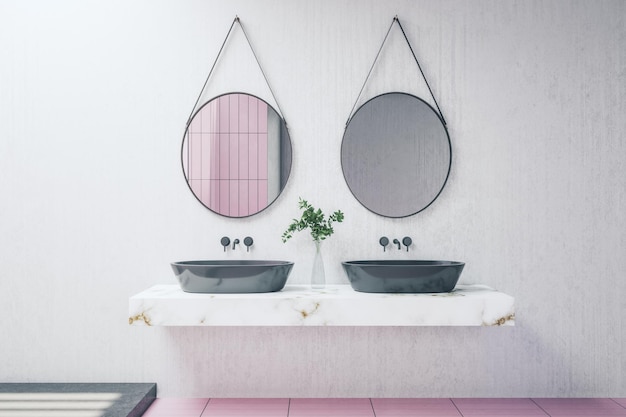 Stilvolles Badezimmerinterieur mit zwei Spiegeln, dekorativer Pflanzendusche und anderen Gegenständen Lifestyle-Hotel und Designkonzept 3D-Rendering