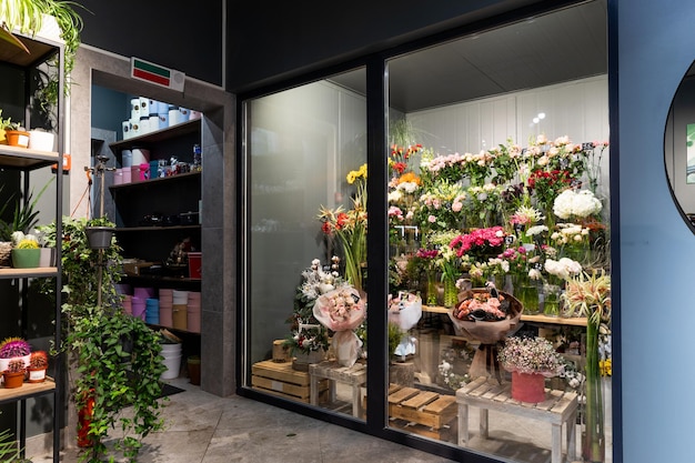 Stilvolles Blumenladen-Interieur mit Topfpflanzen und Kühlschrank für Premium-Blumensträuße