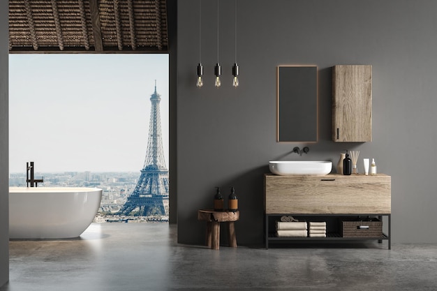 Stilvolles graues Badezimmer mit Betonboden, Fenster mit Stadtblick, dunkle Wand, weiße Badewanne,