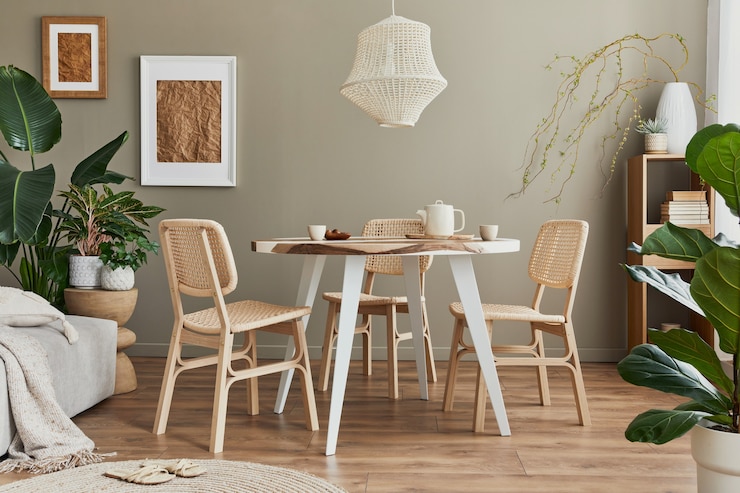 Foto stilvolles interieur des esszimmers in gemütlichem zuhause mit weißem rahmen, designstühlen, familientisch, teekanne, tassen, dekoration und eleganten persönlichen accessoires in moderner wohnkultur.