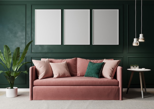 Stilvolles Interieur des hellen Wohnzimmers mit rosa Sofa und Stehlampe, Pflanze und Couchtisch mit Dekoration. Grünes Wohnzimmerinnenmodell. Moderner Designraum mit hellem Tageslicht. 3D-Rendering