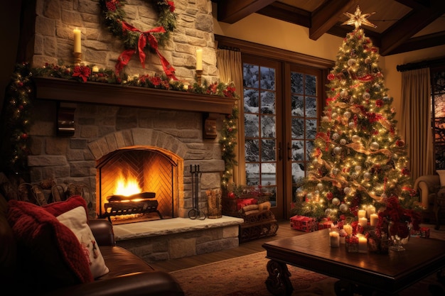 Stilvolles Interieur des Wohnzimmers mit Kamin, geschmücktem Weihnachtsbaum und Weihnachtsdekoration